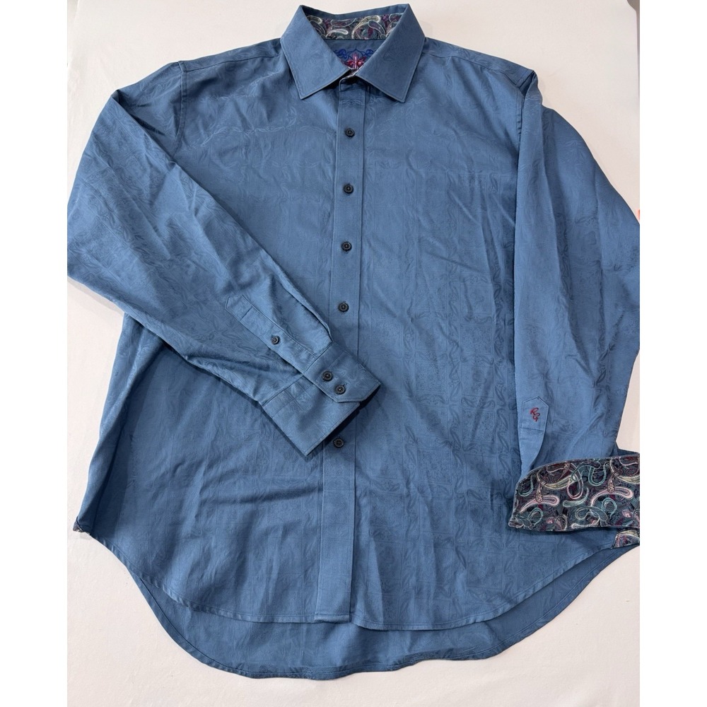 Robert Graham XL Blue Jacquard Dress Shirt Paisley Flip Cuff 100% Cotton Men's
